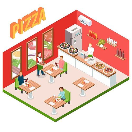 Isometric pizzeria background with restaurant visitors and attendants 3 d model vector illustration