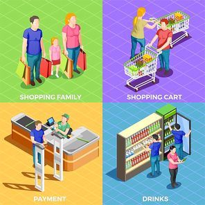 Male and female people doing shopping in supermarket 2x2 design concept isolated on colorful backgrounds 3d isometric vector illustration