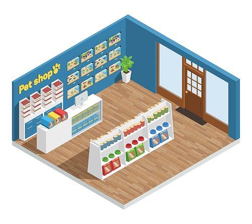 Pet shop interior composition with food accessories and toys isometric vector illustration