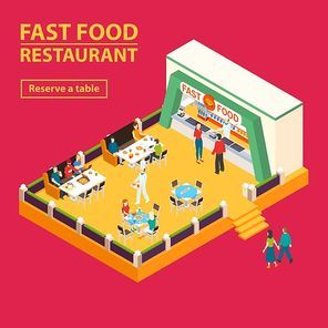Fast food square banner with isometric food court interior and people characters with reserve table button vector illustration