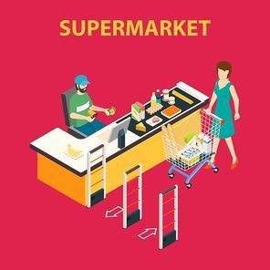 Hypermarket background with flat female customer and checkout clerk human characters with shopping cart and products vector illustration