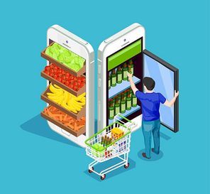 Man with full cart of products taking bottle out of fridge in form of mobile phone on blue background online shopping concept 3d isometric vector illustration