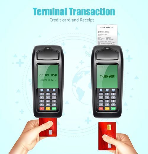 Credit bank card reader transaction payment moment with receipt coming from device realistic images set vector illustration