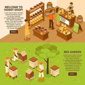 Bee garden farm with beehives and natural organic honey shop 2 horizontal isometric banners set vector illustration