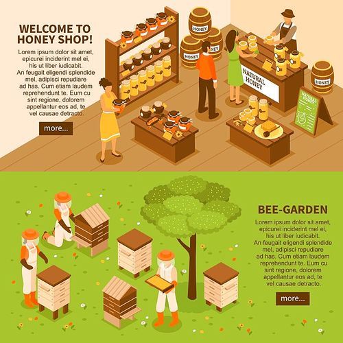 Bee garden farm with beehives and natural organic honey shop 2 horizontal isometric banners set vector illustration