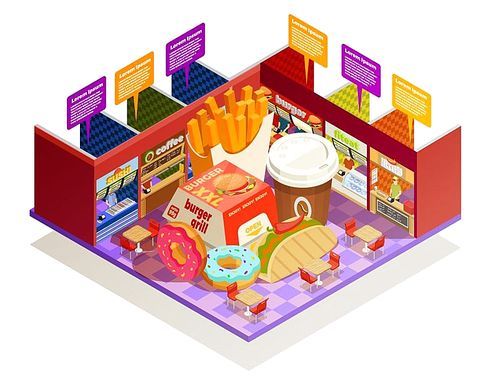 Interior multiple food vendors counters elements with common area for self-serve dinner colorful isometric composition vector illustration
