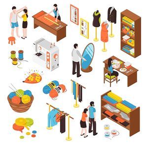 Atelier studio isometric icons set of mannequin sewing machine  tailor  customer standing in front of mirror isolated vector illustration