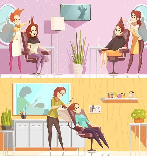 Hair salon service 2 retro cartoon horizontal banners set with styling cutting coloring treatments isolated vector illustration