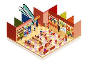 Food court interior with many visitors isometric composition on white backgrpund vector illustration