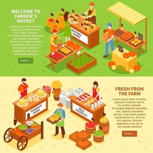 Market horizontal banners set with sale fresh farm products isometric compositions text and read more button vector illustration