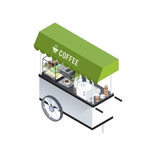 Mobile coffee kiosk composition with isometric image of coffee cart with coffee machine sandwiches and sweet donuts vector illustration