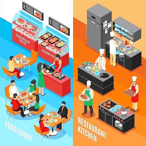 Set of two food court vertical banners with isometric interior compositions of restaurant and kitchen rooms vector illustration