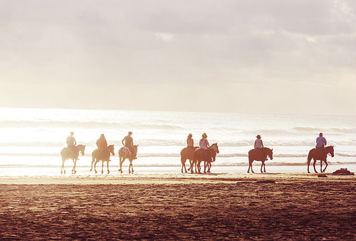 People horseback riding on shore in Costa Rica, Central America
