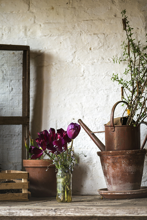 Beautiful vintage English countryside garden potting shed interior detail