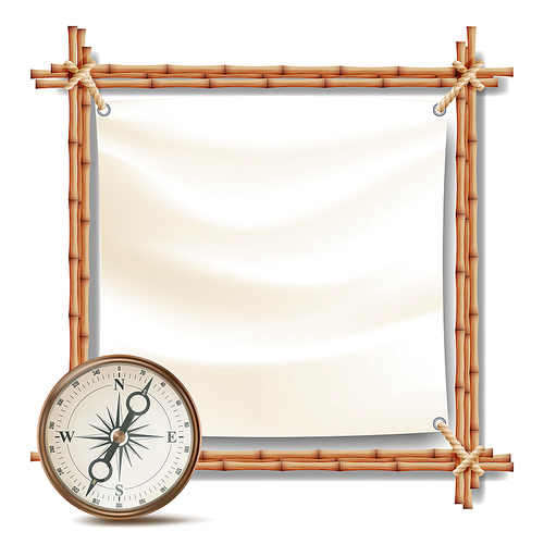 Bamboo Frame And Metal Compass Vector. Summer Travel Concept. Isolated Illustration