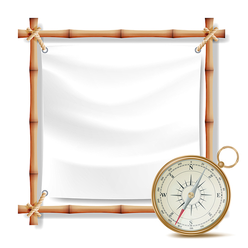 Bamboo Frame With Compass Vector. Tropical Summer Adventure Concept. Isolated Illustration