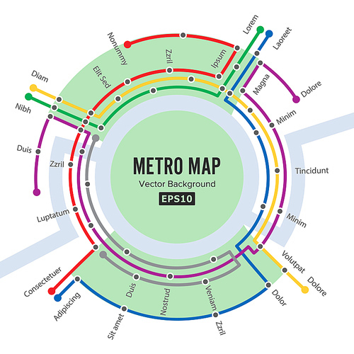 Metro Map Vector. Template Of City Transportation Scheme For Underground Road. Colorful Background With Stations.