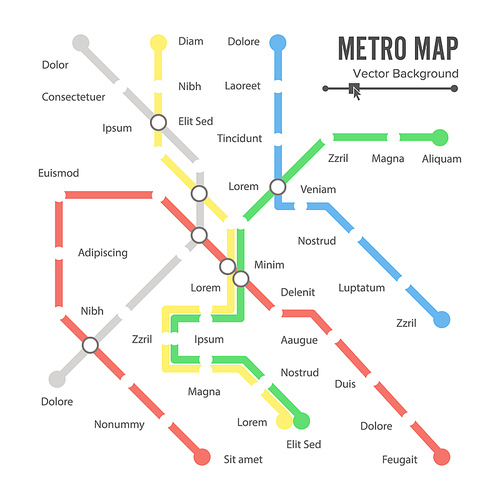 Metro Map Vector. City Transportation Scheme Concept. Colorful Background With Stations.