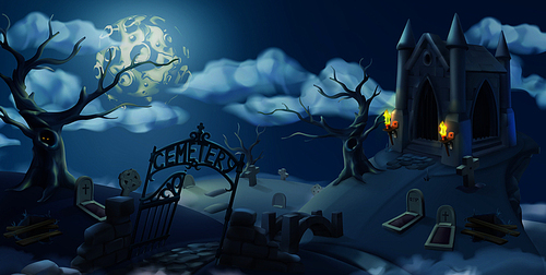 Cemetery, halloween background. Cartoon landscape 3d vector graphics