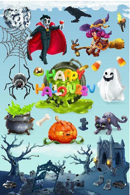 Happy Halloween. Pumpkin, cat, witch, vampire, crypt and lettering, 3d vector emblem