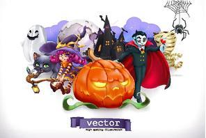 Happy Halloween. Pumpkin, cat, witch, vampire, crypt and lettering, 3d vector emblem