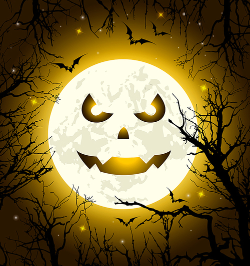 Halloween greeting card with scary face on the Moon, bats and tree. Vector illustration