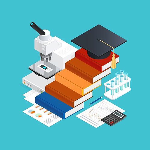 Learning isometric design concept with stairs from books academic hat educational accessories on blue background vector illustration