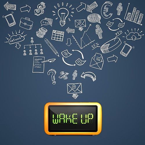 Start to work composition including 3d electronic alarm hand drawn business icons on dark background vector illustration