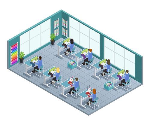 3d garment factory isometric composition with workshop on tailoring in the factory vector illustration