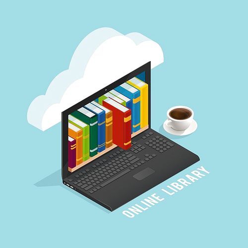 Online library isometric design with books on laptop screen coffee cup cloud on blue background vector illustration