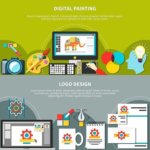 Two horizontal designer tools composition set with digital painting and logo design headlines vector illustration