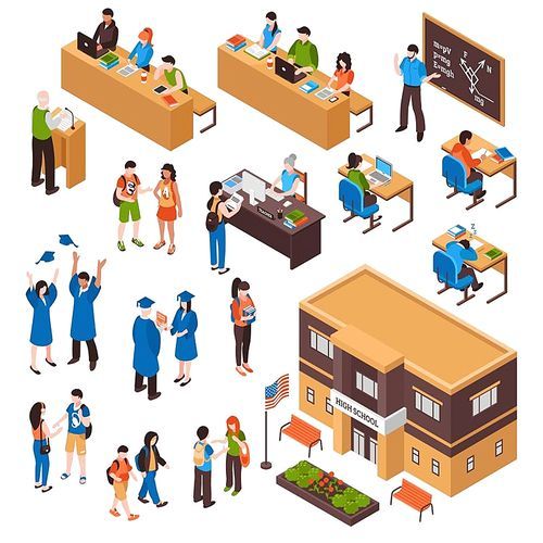 Isometric set of students and teachers in high school and university on white  isolated vector illustration