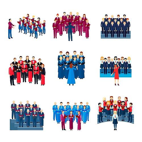 Choir flat icons collection of 9 musical ensembles of singing people led by conductor colorful isolated vector illustration