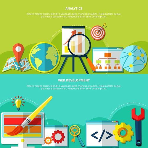 Seo horizontal banners with search optimization network location icons and flat maintenance goal and idea symbols vector illustration