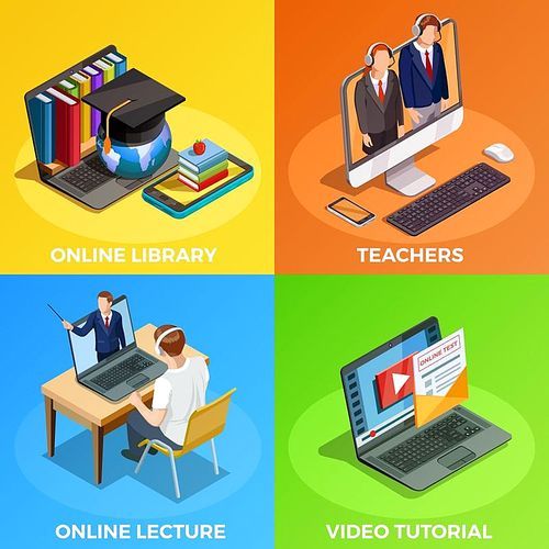 Online education isometric images composition with video tutorial electronic library conceptual images student and lecturers characters vector illustration