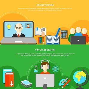 Two horizontal and isolated e learning banner set with online training and virtual education descriptions vector illustration