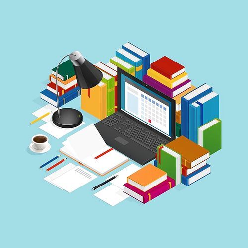 Educational colorful books around laptop paper sheets stationery coffee and lamp on blue background isometric vector illustration