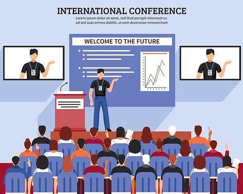 Presentation conference hall composition international conference welcome to the future descriptions vector illustration