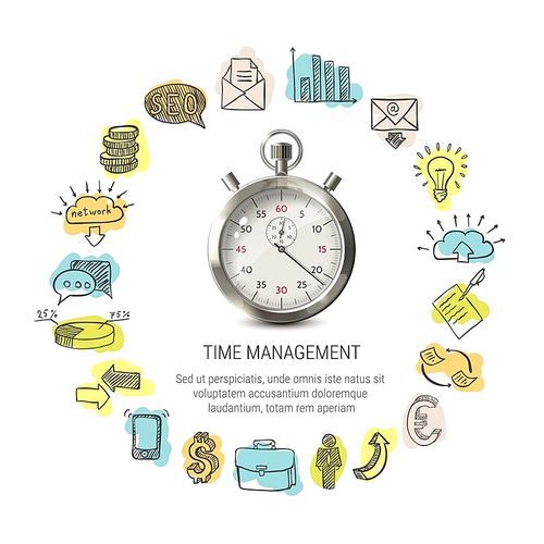 Time management round design with hand drawn business icons 3d stopwatch on white  isolated vector illustration