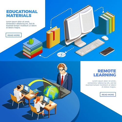 Online education isometric horizontal banners collection with remote learning conceptual images text and read more button vector illustration