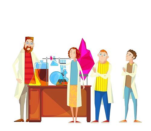 Composition of teacher and students cartoon characters in the chemical laboratory carrying out research performing experiments vector illustration