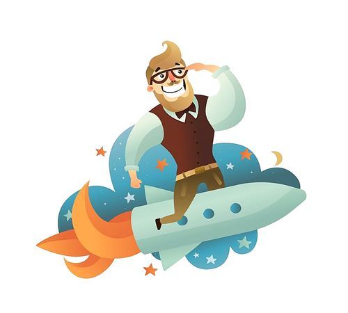 Colored startup man composition with hipster flying on a rocket to nowhere vector illustration