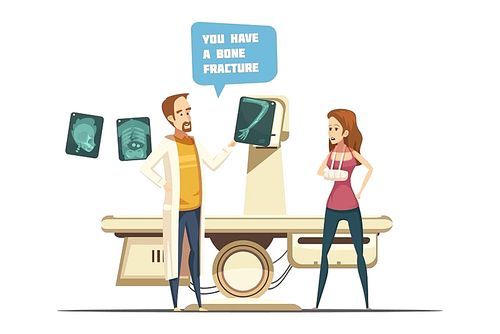 Bone fracture design including doctor with xray patient with arm in plaster cartoon retro style vector illustration