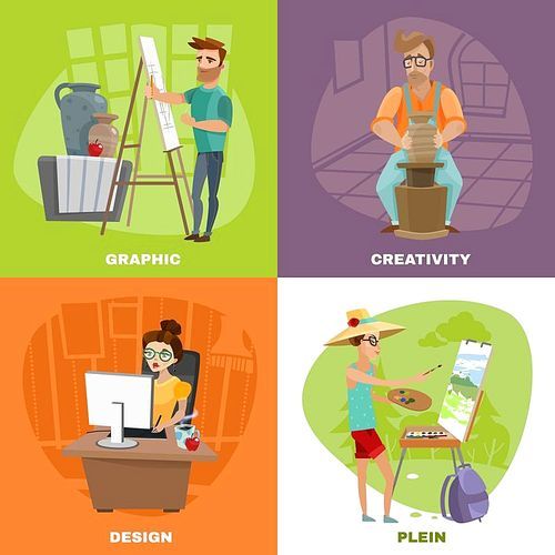 Creative artist designer work concept 2 colorful background icons square with landscape painter and sculptor isolated vector illustration
