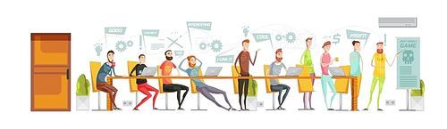 Colored flat game development meeting composition with negotiations at a long table in the office vector illustration