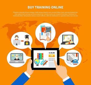 Colored and flat e learning composition template with buy training online headline vector illustration