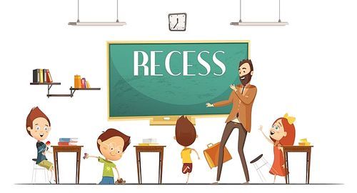 Primary school teacher announcing lunch and recess break time for children to eat retro cartoon vector illustration