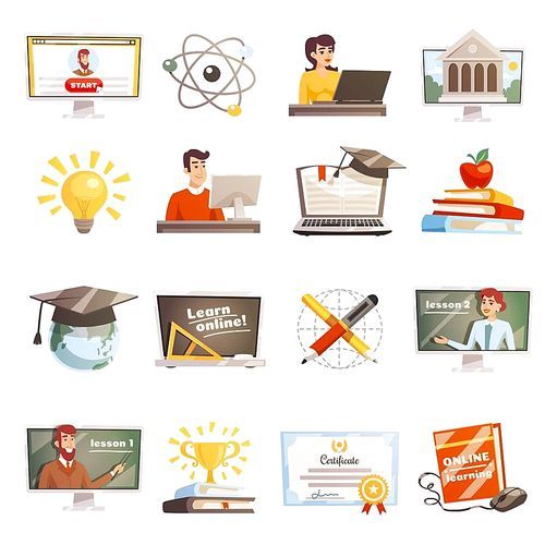Online learning flat colored icons set with teachers and students participating in web seminars isolated vector illustration