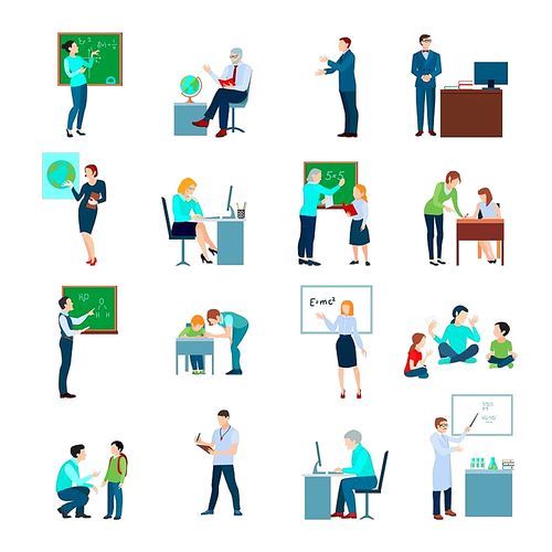 School teacher colored icons set with teacher at blackboard and pupils at desk flat isolated vector illustration