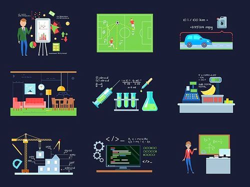 Set of isolated cartoon compositions with mathematics in education and industry flat images on dark background vector illustration